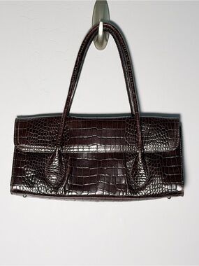 Dark Brown Crocodile Embossed Leather East West Bag